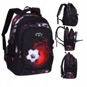 K&M I099 mokyklinė kuprinė su futbolo motyvu, 41 cm, juoda ir raudona