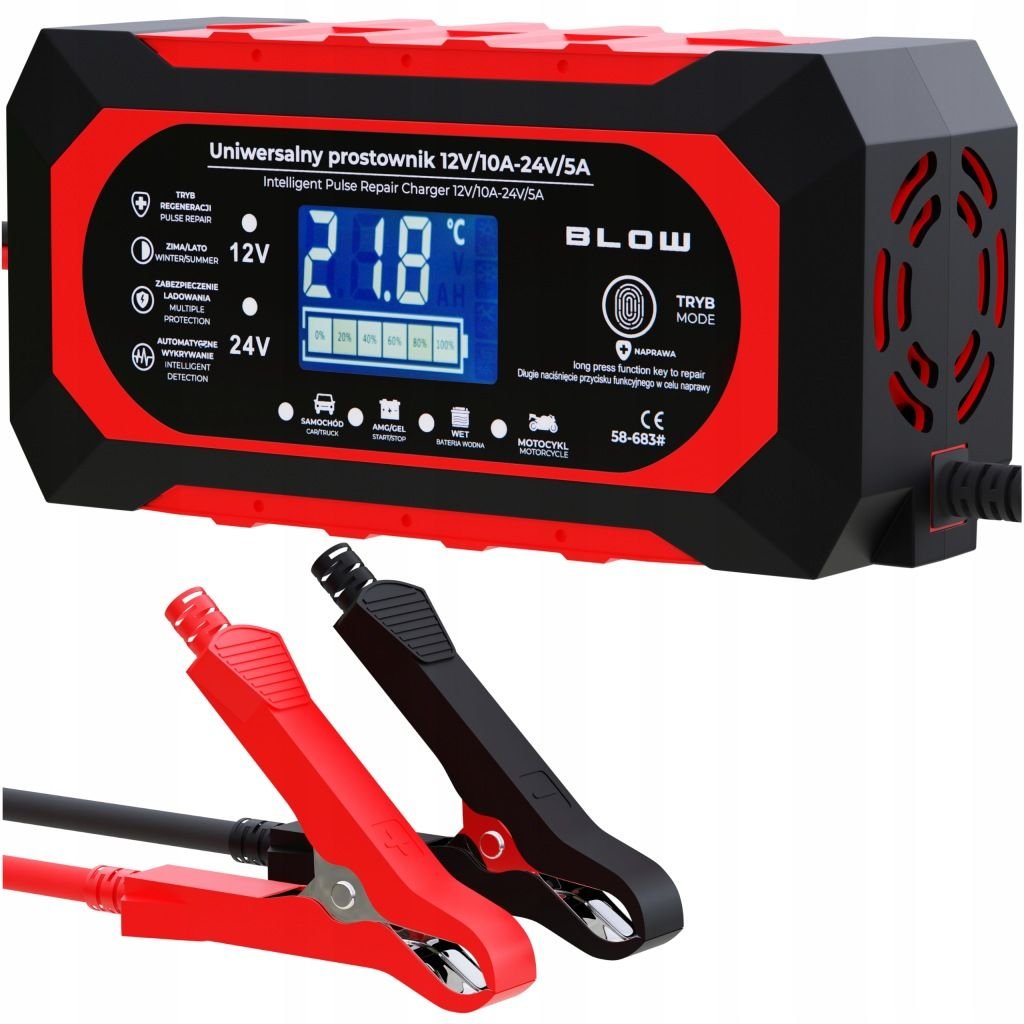 BLOW automatinis akumuliatoriaus įkroviklis 12/24 V, 10 A, LCD