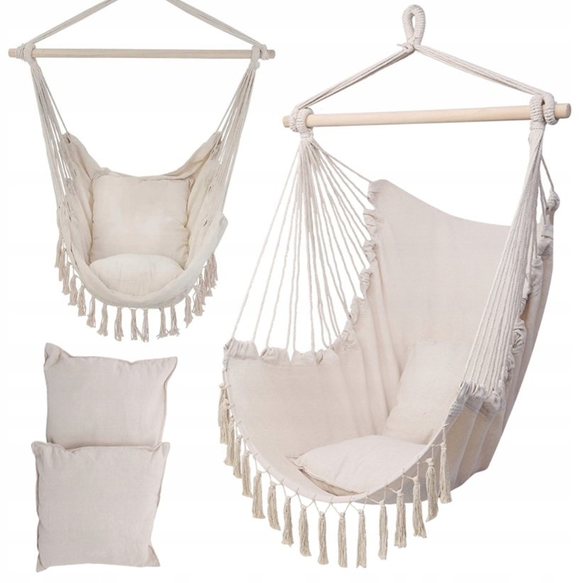 Kreminės spalvos BOHO pakabinamas fotelis su 2 pagalvėlėmis, 130 × 100 cm