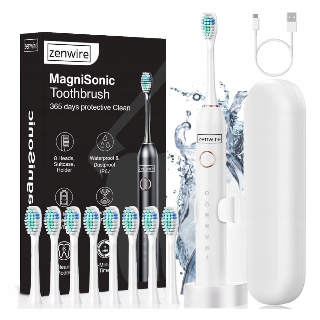 Zenwire MagniSonic 506 soninis dantų šepetėlis, 6 režimai, 8 galvutės, baltas