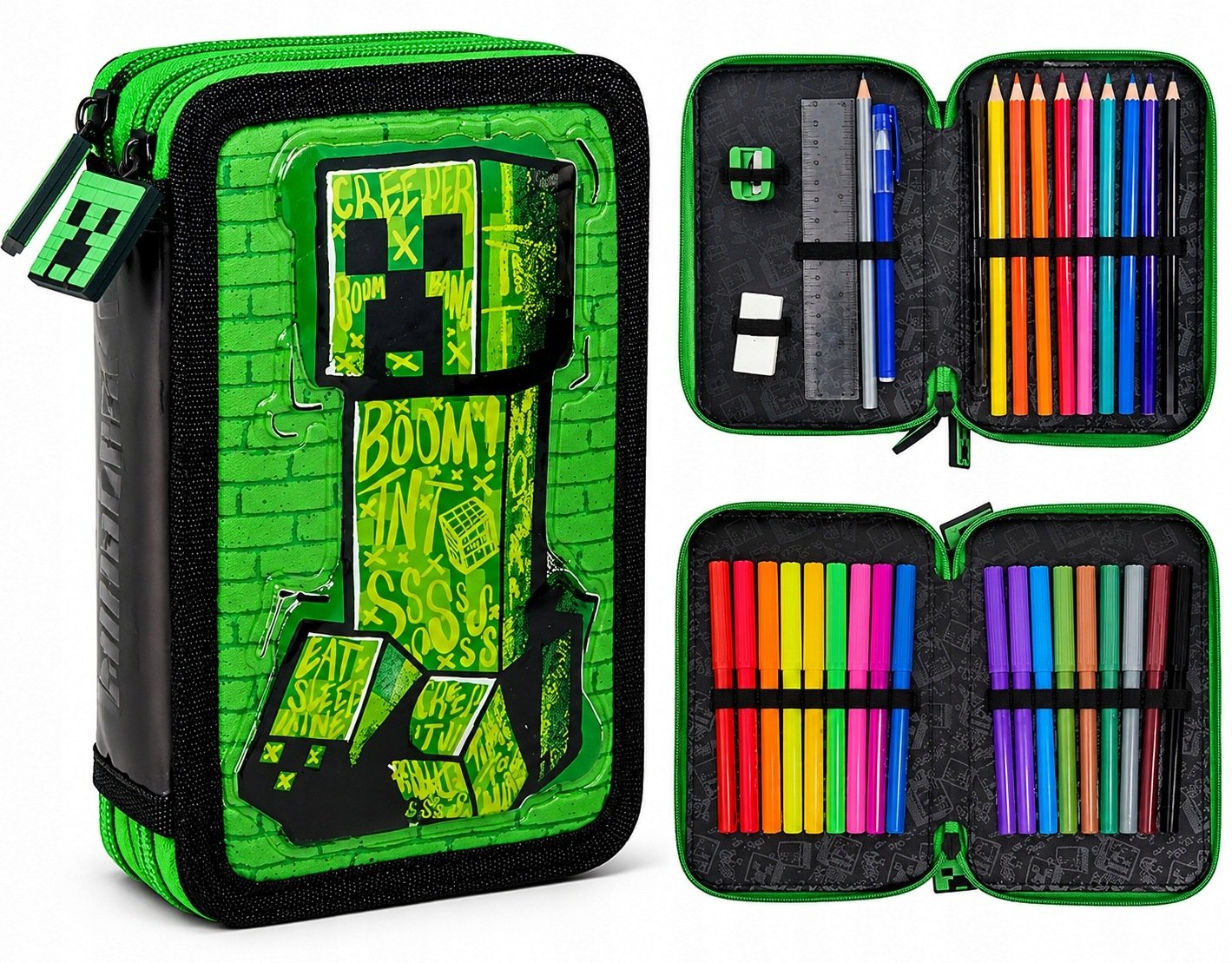Kids Euroswan Minecraft Creeper Boom 3D dviejų skyrių penalas su priemonėmis