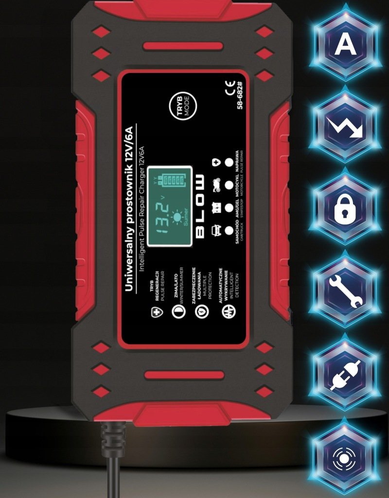 BLOW 58-682 automatinis akumuliatoriaus įkroviklis 12 V, 6 A, LCD – vaizdas 2