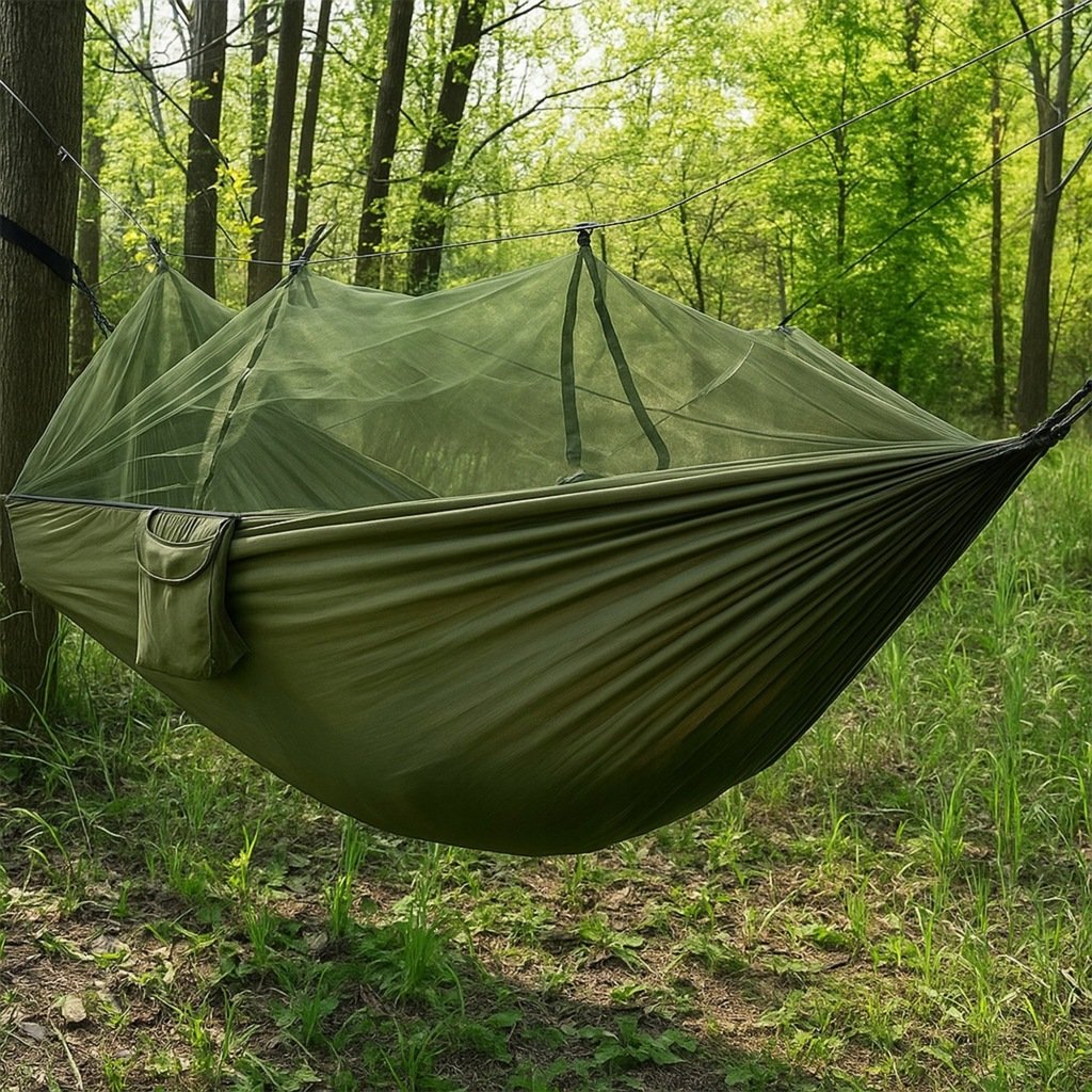 PrzydaSie turistinis hamakas su tinkleliu nuo uodų, 255 × 140 cm, žalias – vaizdas 3
