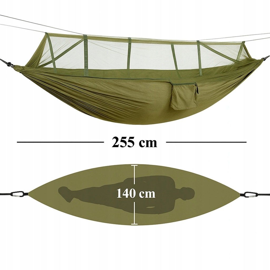 PrzydaSie turistinis hamakas su tinkleliu nuo uodų, 255 × 140 cm, žalias – vaizdas 4
