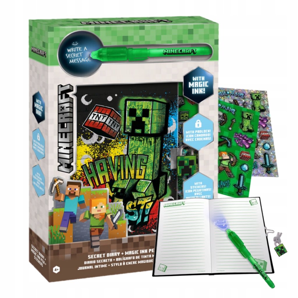 Kids Licensing Minecraft rakinamas dienoraštis su UV rašikliu ir lipdukais