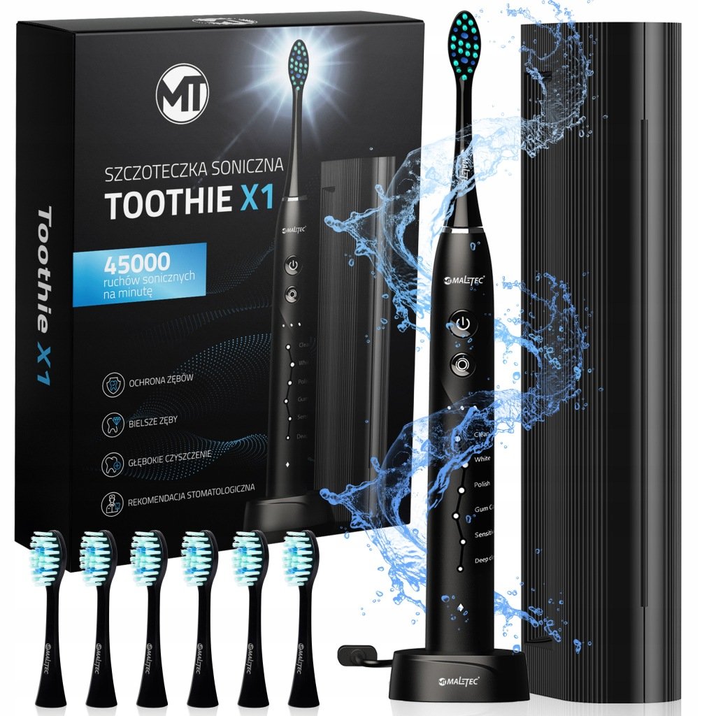 MalTec Toothie X1 BL soninis dantų šepetėlis, 45 000 jud./min., 6 režimai, juodas