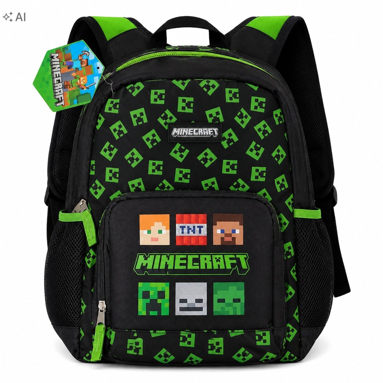 Minecraft miesto mokyklinė kuprinė, juoda ir žalia, modelis 426