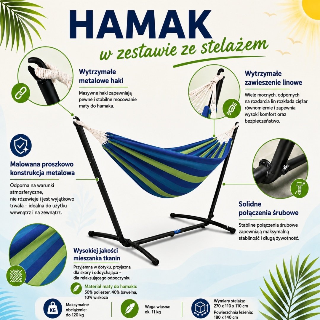 Tamsiai mėlynas hamakas su stovu sodui, stabilus ir patogus – LACESTONE – papildoma nuotrauka 4