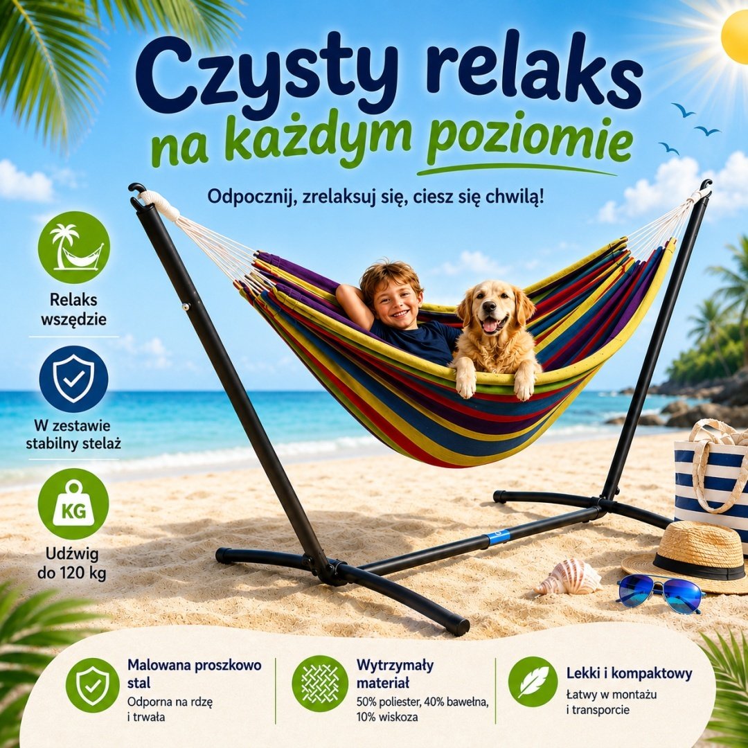 Tvirtas sodo hamakas su metaliniu stovu 270 × 110 cm, iki 120 kg – LACESTONE – papildoma nuotrauka 1