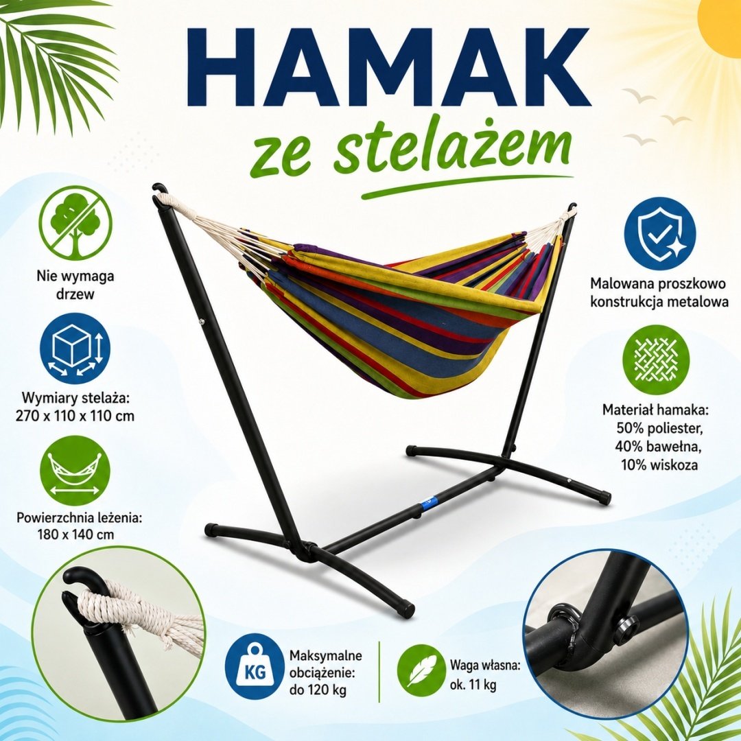 Tvirtas sodo hamakas su metaliniu stovu 270 × 110 cm, iki 120 kg – LACESTONE – papildoma nuotrauka 2