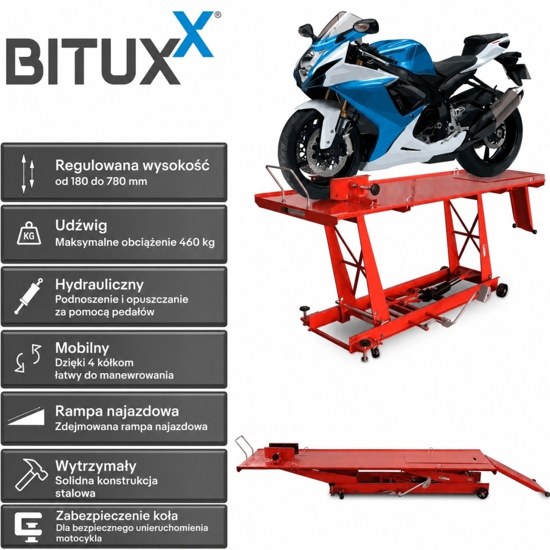 BITUXX raudonas hidraulinis motociklo keltuvas-rampa iki 460 kg – BITUXX® – papildoma nuotrauka 1