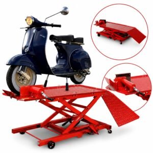 Hidraulinis žirklinis motociklo keltuvas 360 kg su rampa ir rato fiksatoriumi – BITUXX