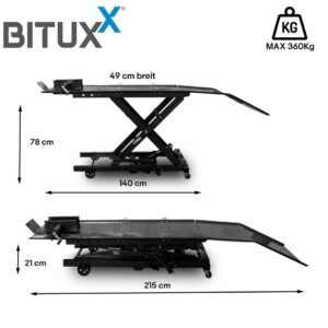 Juodas hidraulinis žirklinis motociklo keltuvas iki 360 kg – BITUXX