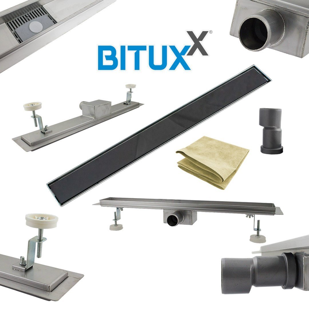 Glass Schwarz linijinis dušo latakas, 90 cm, nerūdijantis plienas, su sifonu – BITUXX®