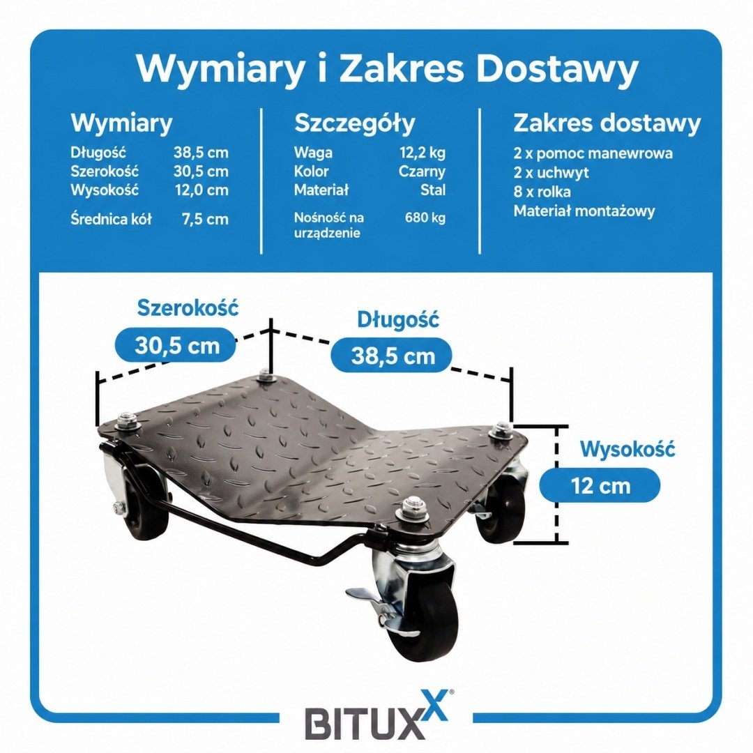 Profesionalių plieninių automobilio manevravimo vežimėlių rinkinys, 2 × 680 kg – BITUXX – papildoma nuotrauka 3