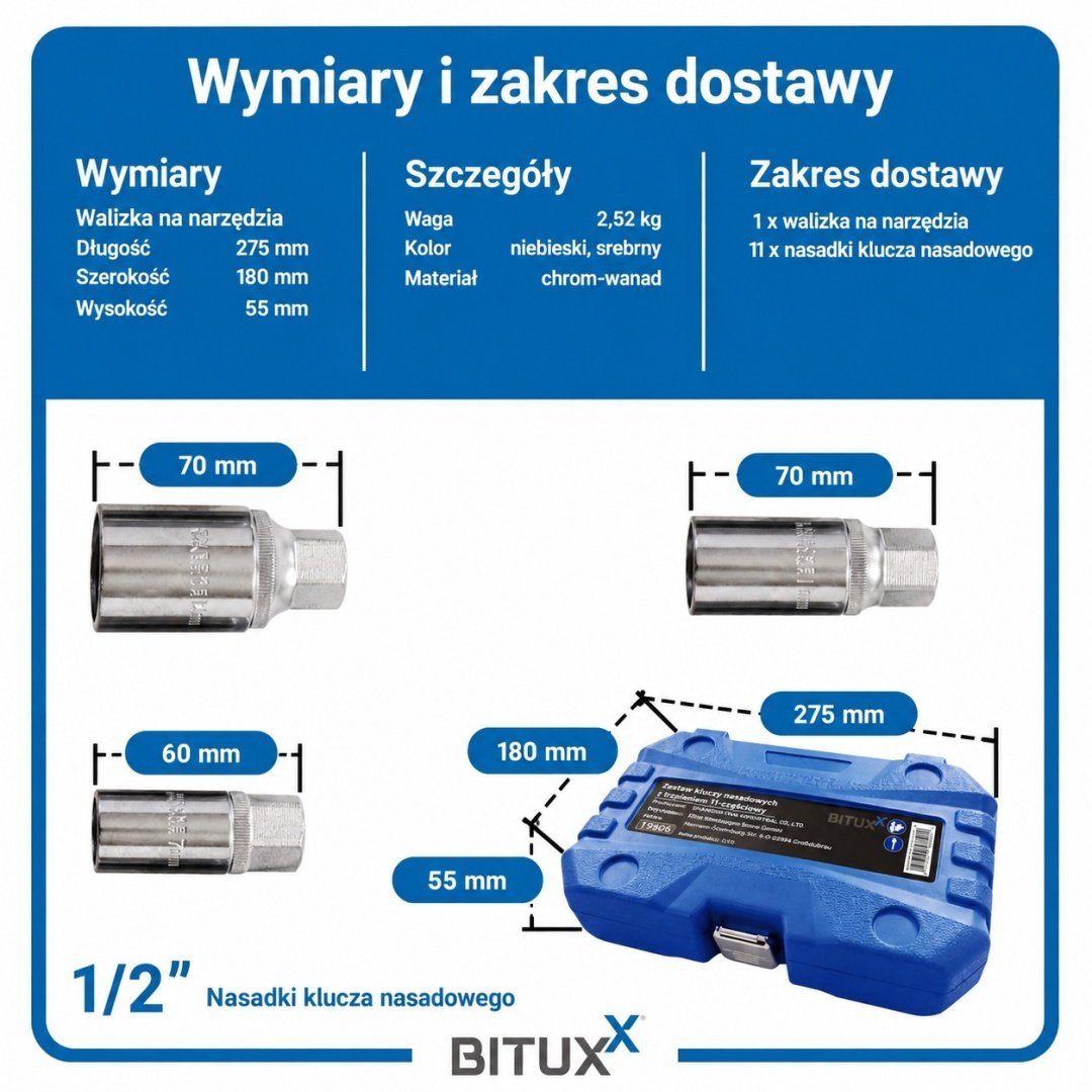BITUXX profesionalus smeigių išsukiklių rinkinys, 11 dalių, 1/2″ – papildoma nuotrauka 4