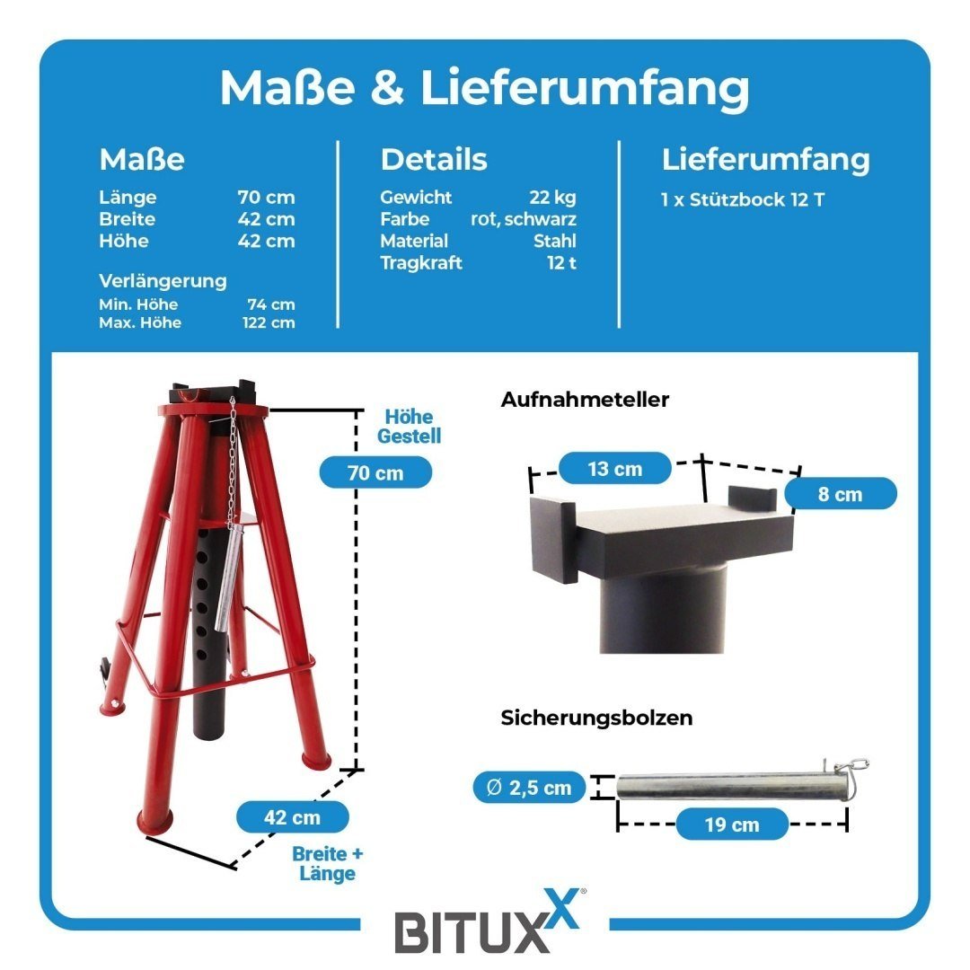 Reguliuojamas atraminis stovas automobiliams ir technikai, 12 t, 74–122 cm – BITUXX – papildoma nuotrauka 4