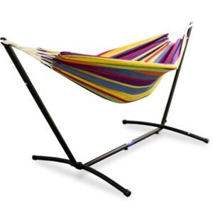 Tvirtas sodo hamakas su metaliniu stovu 270 × 110 cm, iki 120 kg – LACESTONE