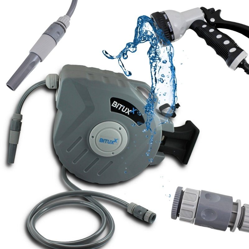 Automatinė sodo žarna ant ritės, 20 m, su purkštuvu – BITUXX®