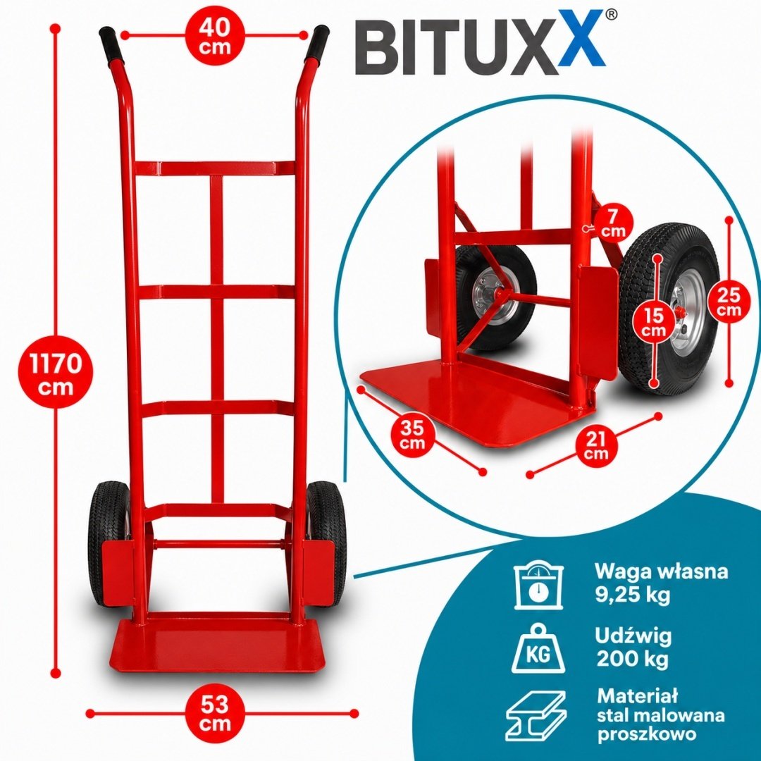 Plieninis sandėlio transportavimo vežimėlis su 2 pripučiamais ratais, 200 kg – BITUXX® – papildoma nuotrauka 1