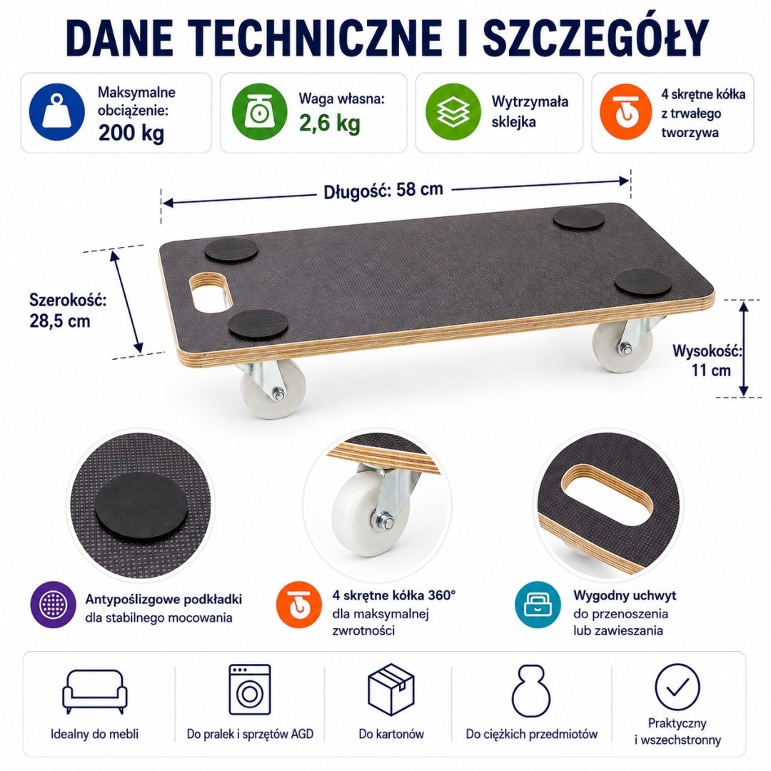 Faneros platformos transportavimo vežimėlis su ratukais, 58 × 28,5 cm, 200 kg – BITUXX® – papildoma nuotrauka 1