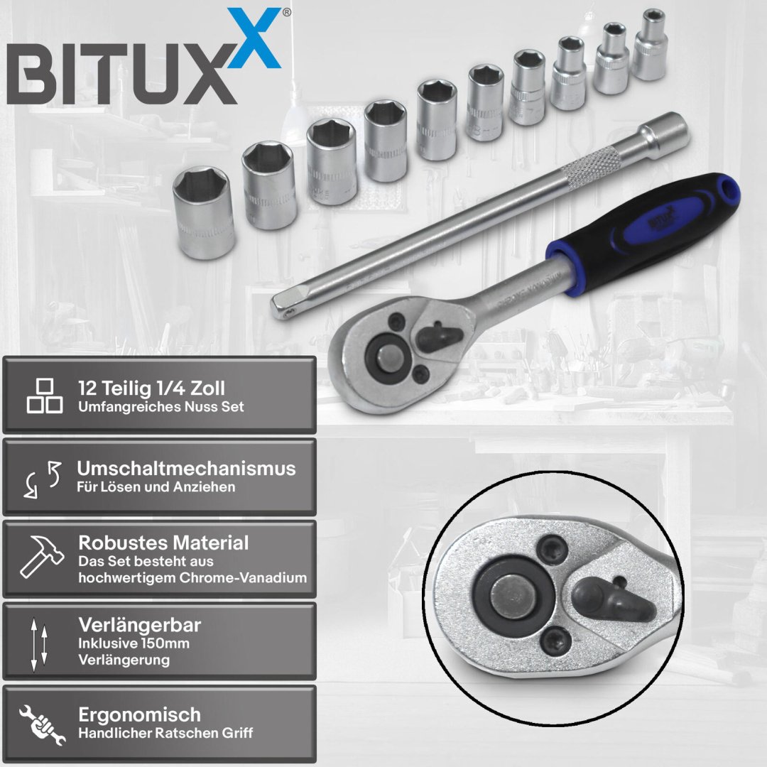 BITUXX 3/8″ šešiakampių galvučių rinkinys su 200 mm terkšle ir 150 mm ilgintuvu, 12 vnt. – papildoma nuotrauka 1