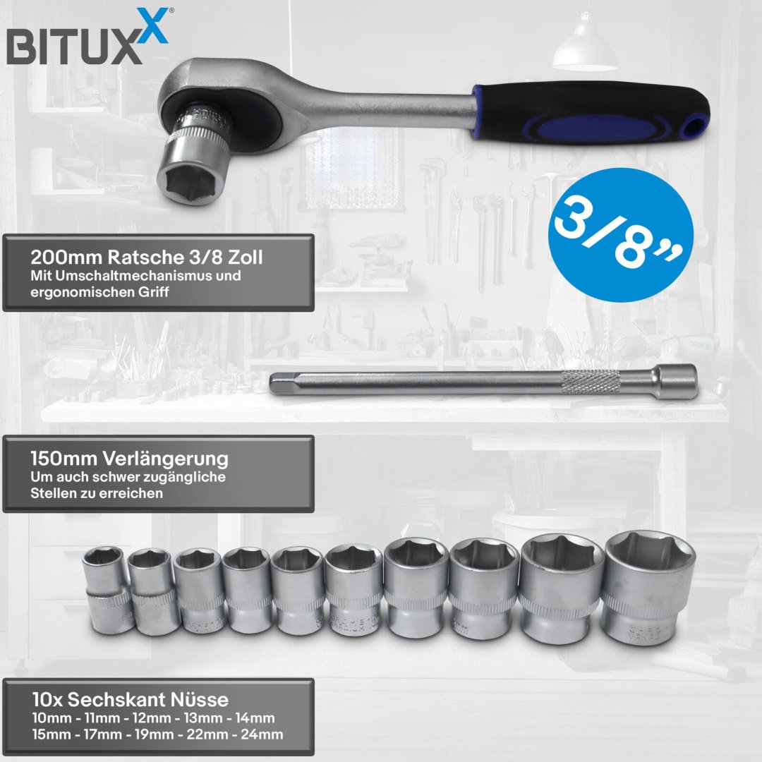 BITUXX 3/8″ šešiakampių galvučių rinkinys su 200 mm terkšle ir 150 mm ilgintuvu, 12 vnt. – papildoma nuotrauka 3